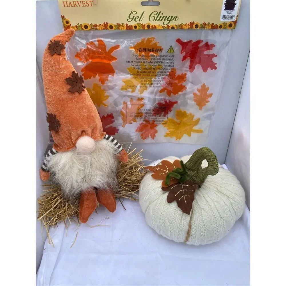 🍁Harvest Fall Décor Bundle – Light Up Gnome Plush, Knit Fabric Pumpkin & Autumn